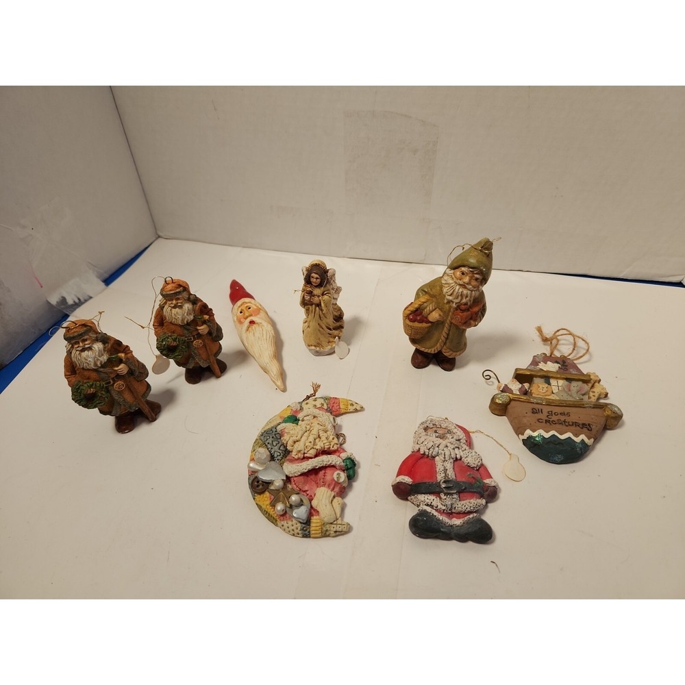 Vintage Folk Art  Santa Christmas Ornaments Lot‎ of 8 Heavy Good Quality